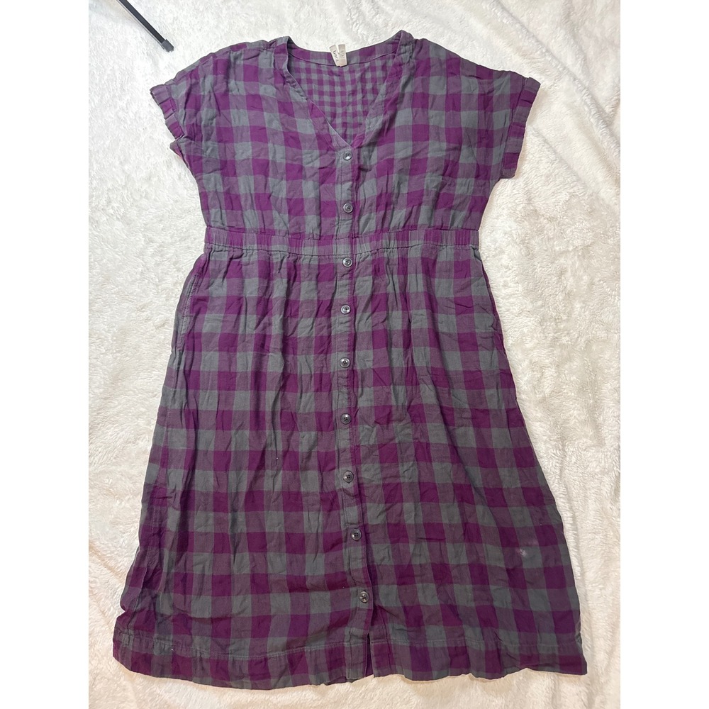 Pact Button Down Dress Womens XL Purple Plaid Good Organic Cotton Midi